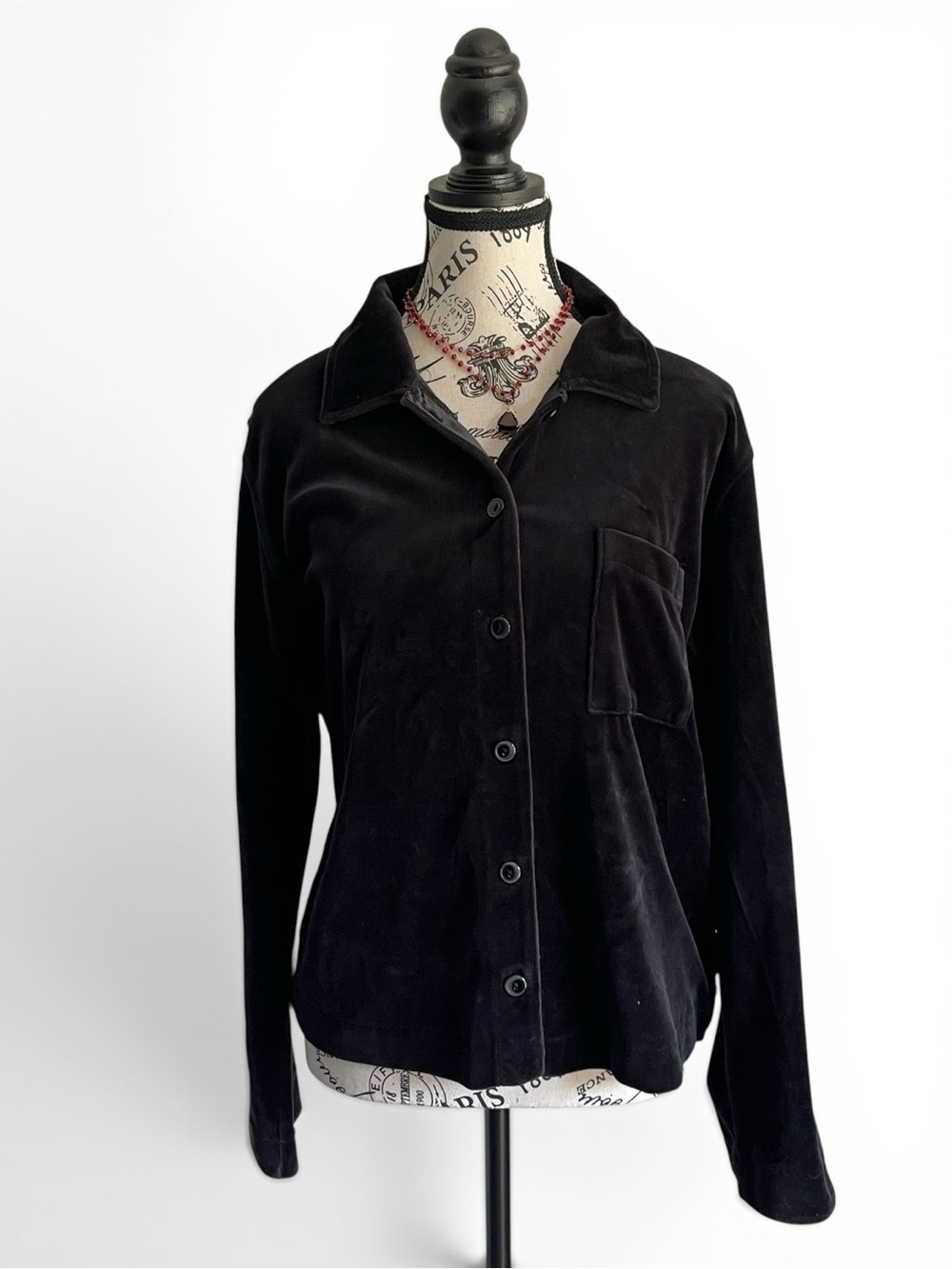 Liz Claiborne Black Velvet Button Up Shirt Soft Goth Minimalist Large